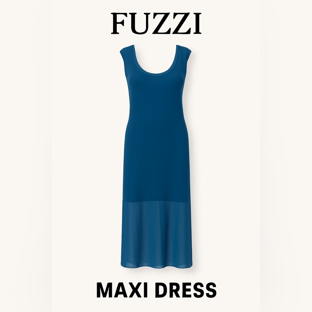 Fuzzi Blue Sheer Mesh Maxi Dress Women’s Size M Italy Nylon Stretch Lined 58”
